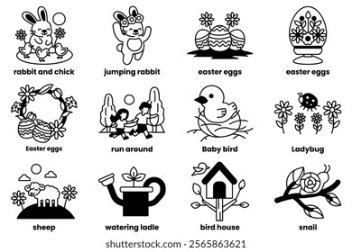 A collection of Easter themed images including a rabbit, a bird, and a ladybug. The images are all black and white