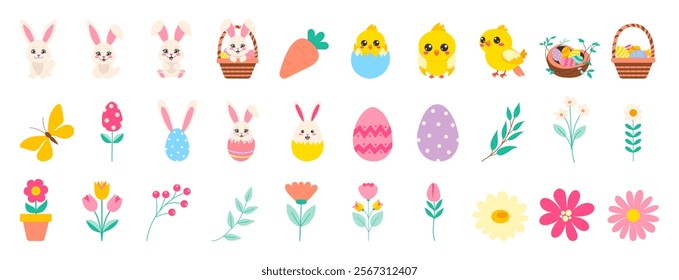 A collection of Easter themed images including flowers, eggs, and rabbits. The images are all in different sizes and colors, but they all have a cheerful and festive feel to them