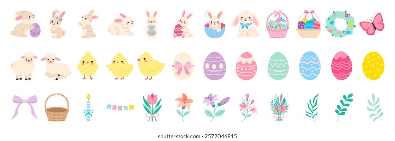 A collection of Easter themed images including Easter eggs, rabbits, and flowers. The images are in a pixelated style and are arranged in a row