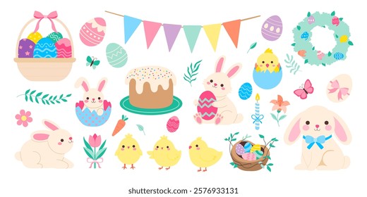 A collection of Easter themed images including a bunny, a cake, and a basket of eggs