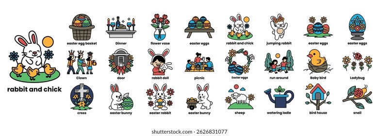 A collection of Easter themed images including a bunny and a chicken. The bunny is holding a basket and the chicken is holding an egg