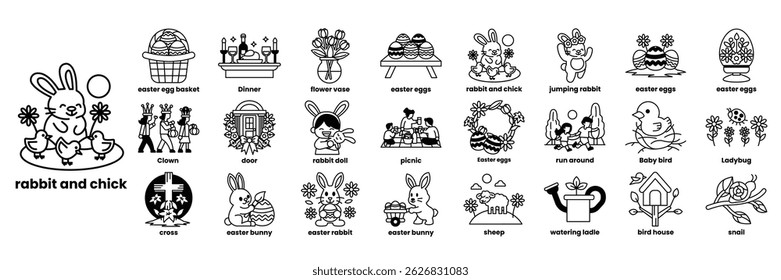 A collection of Easter themed images including a bunny and a chicken. The bunny is holding a basket and the chicken is holding an egg in line drawing style