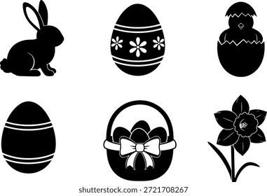A collection of Easter themed vector silhouettes including eggs, bunny and flower in black on white background