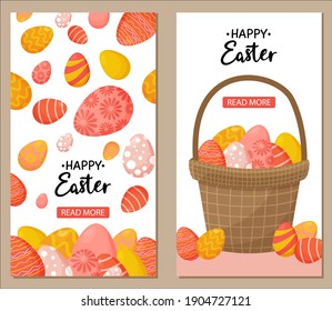 Collection of Easter vertical banners with colorful decorated eggs and basket of eggs. Header design. Vector illustration.