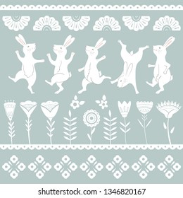 Collection of Easter white Bunnies characters from different poses. Happy running and dancing bunnies. Folk flowers silhouettes mexican, polish, russian, scandinavian