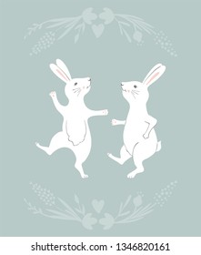 Collection of Easter white Bunny characters from different poses. Happy running and dancing bunnies. Flower frame silhouette