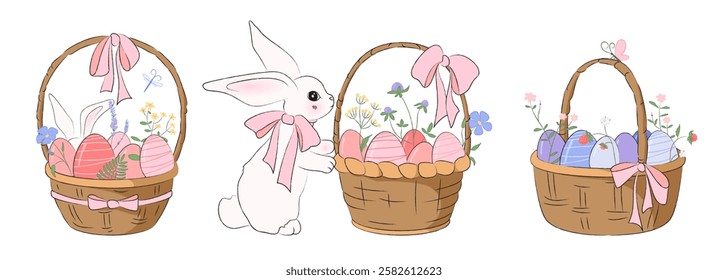 Collection of Easter wicker baskets decorated with pink ribbon bows and filled with eggs, wildflowers. Cute white bunny carrying a basket. Sketchy hand drawn style, Easter theme, decoration elements.