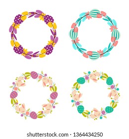 Collection of Easter wreaths of flowers, eggs and rabbits. Isolated on white background.