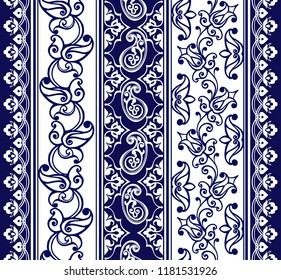 Coleção de fronteiras orientais sem emenda com paisley. Listras com Blue Floral Motifs, Paisleys. Fundo decorativo ornamento para tecido, têxtil, papel de embrulho.