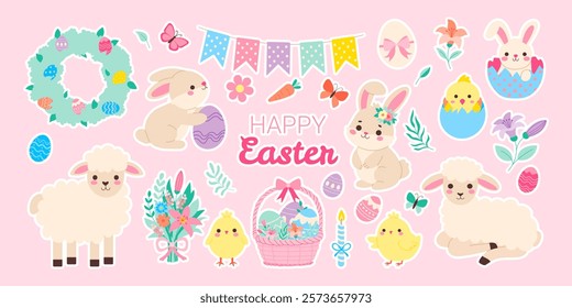 A collection of Easter-themed stickers featuring animals and eggs. The stickers are arranged in a row on a pink background