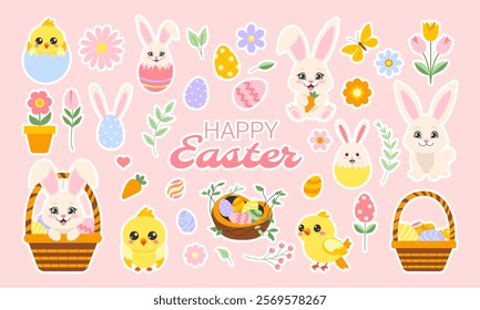 A collection of Easter-themed stickers featuring rabbits, birds, and flowers. The stickers are arranged in a basket and are meant to bring joy and cheer to those who see them