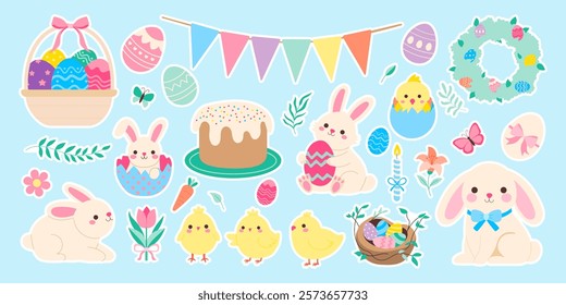 A collection of Easter-themed stickers featuring rabbits, chicks, and eggs. The stickers are colorful and playful, with a cheerful and festive mood