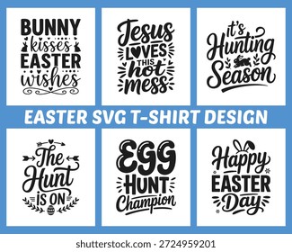 Collection of Easter-themed typography t-shirt designs featuring bunny wishes, egg hunt phrases, spring lettering, and festive quotes. Ideal for holiday apparel, prints, crafts, and seasonal merchandise.