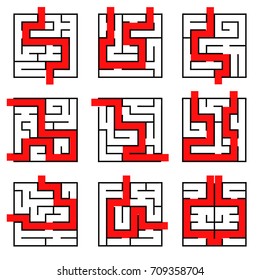 Collection of easy maze puzzle game. Black and white labyrinth business concept. Labyrinth for smart kids and children  with way (exit or answer).