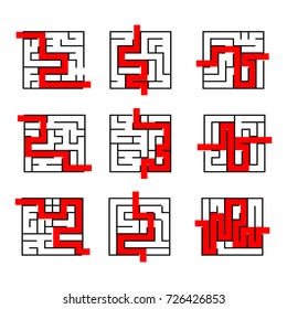 Collection of easy maze puzzle game # 2. Black and white labyrinth business concept. Labyrinth for smart kids and children  with way (exit or answer).