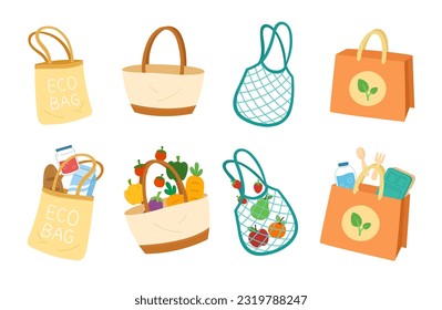 Collection of eco bags, fabric, mesh, wicker and paper bag. Say no plastic. Eco friendly and Zero waste concept. Flat cartoon style vector illustration isolated on white background.