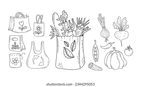 Recogida de bolsas ecológicas con alimentos y verduras. Productos aislados de dibujos a mano de contorno vectorial y bolsas de embalaje de papel y bolsas para el diseño y la decoración.