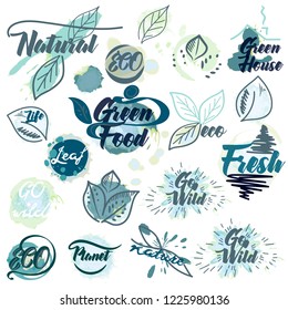 Collection of eco blue labels with ink spots, huge set