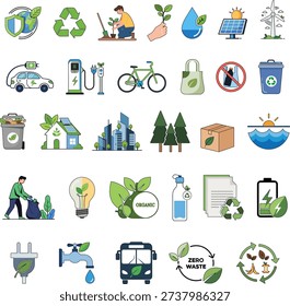 Collection of eco friendly Earth Day icons featuring recycling, green energy, electric transport, waste management, sustainable lifestyle and environmental conservation concepts. Suitable for campaign materials, posters, websites, educational content and environmental awareness designs.