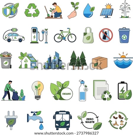 Collection of eco friendly Earth Day icons featuring recycling, green energy, electric transport, waste management, sustainable lifestyle and environmental conservation concepts. Suitable for campaign materials, posters, websites, educational content and environmental awareness designs.