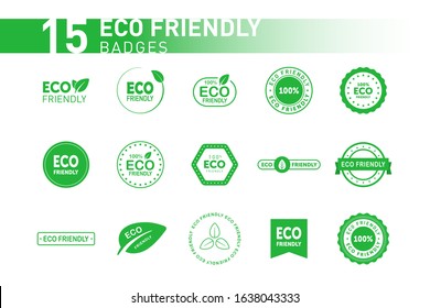 Collection of eco friendly green badges. Design element for packaging design and promotional material. Vector stock illustration.