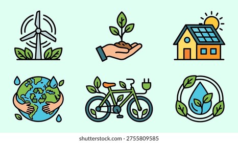 Collection of eco friendly icons depicting sustainability energy nature and bicycles