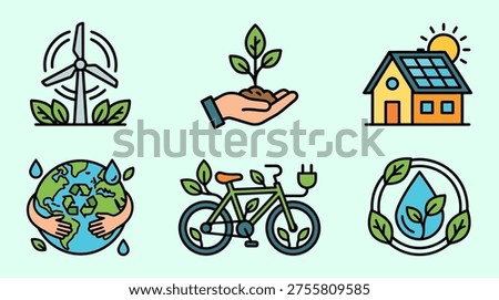 Collection of eco friendly icons depicting sustainability energy nature and bicycles