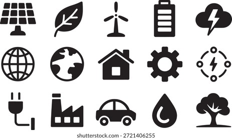 Sammlung von umweltfreundlichen Ikonen, die nachhaltige Energie und Umweltschutz darstellenUmweltfreundliche, nachhaltige Energie