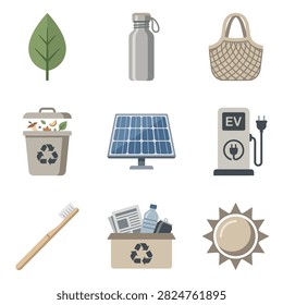 Collection of eco friendly icons representing sustainability, recycling, and green energy solutions for a healthier planet.