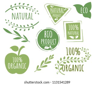 Collection of eco friendly logo stamps. 100 organic logo design. Green vector eco stamp. Flat vector illustration. Isolated on white background.
