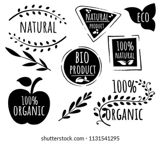 Collection of eco friendly logo stamps. 100% organic logo design. Black vector eco stamp. Flat vector illustration. Isolated on white background.