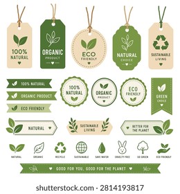 Collection of eco friendly product labels featuring green leaf and recycling symbols