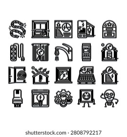 Collection of eco friendly and smart home icons, including water faucets, light bulbs, thermostats, solar panels, and heating systems, illustrating energy saving and sustainability concepts