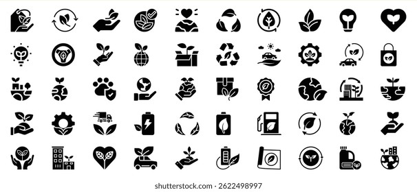 Collection of eco friendly sustainable icons depicting environmental protection and conservation concepts