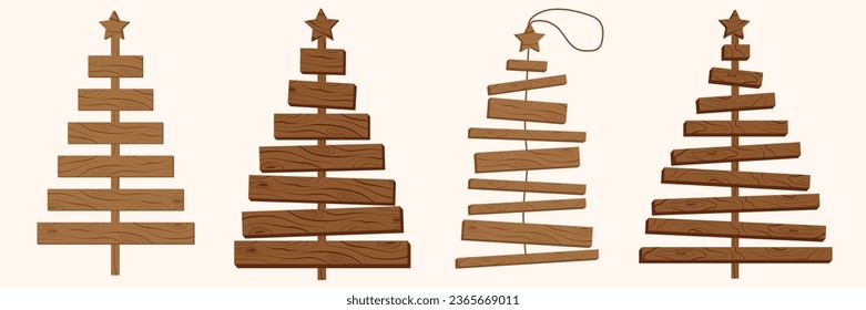 Collection of eco handmade Christmas trees made from wooden boards. Organic winter decoration. Zero waste plastic free concept. Ecological holiday. Ecofriendly interior decor