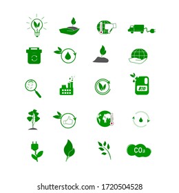 
Collection of eco icons. Environmentally friendly waste, treatment of industrial effluents and emissions. Caring for the environment. Natural energy, solar panels as an alternative. Vector image.