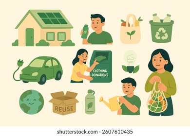 Collection of eco lifestyle illustrations with characters, electric car, recycling, and reusable items.