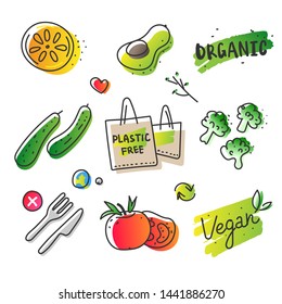 Collection of eco natural illustrations in sketchy minimalistic style of healthy eco natural products, free hand vector drawing of plastic free zero waste lifestyle. Drawn images of farming veggies