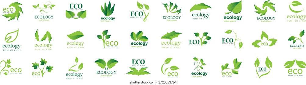 Kollektion von Öko- und Bio-Logos - einzeln auf weißem Hintergrund - Vektorgrafik. Öko- und Öko-Logo, das für Leaf-Symbol, Ökologie-Logo, Umweltzeichen und Vorlagendesign verwendet wird. Ökologische Baumsymbole