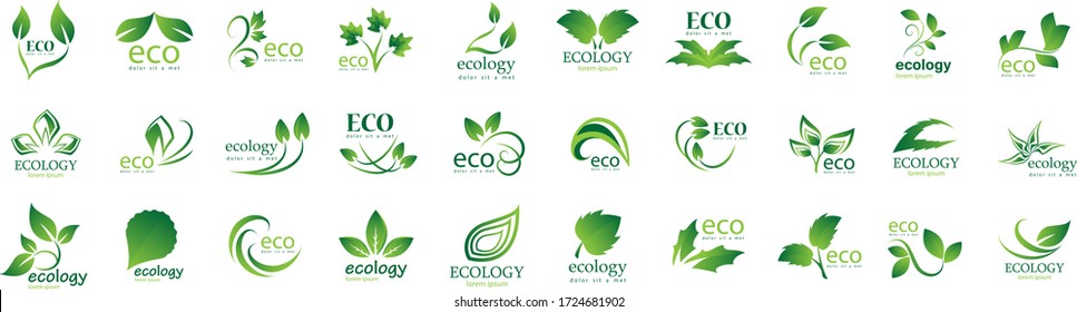 Collection Of Eco And Organic Logo Set - Isolated On White Background - Vector. Eco And Organic Logo Useful For Leaf Icon, Ecology Logo, Eco Symbol And Template Design. Ecology Tree Icons