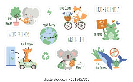 Collection of eco stickers with cute animals. Flat colorful vector illustration with giraffe, koala, fox, elephant, and frog with slogans “Go Green”, “Recycle” and “Protect Our Oceans”. Isolated bg.
