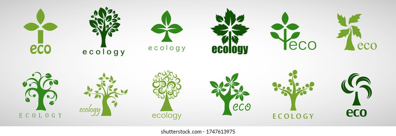 Collection Of Eco Tree And Organic Logo Set - Isolated On White Background - Vector. Eco And Organic Logo Useful For Tree Icon, Ecology Logo, Eco Symbol And Template Design. Ecology Tree Icons