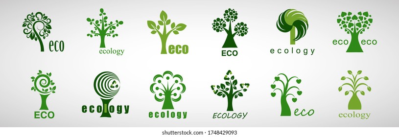 Colección De Logotipo Eco Tree Y Organic Set - Aislado En Fondo Blanco - Vector. Logotipo Ecológico Y Orgánico Útil Para Icono De Árbol, Logotipo Ecológico, Símbolo Ecológico Y Diseño De Plantilla. Iconos de árbol ecológico