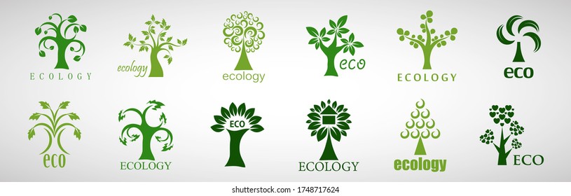 Collection Of Eco Tree And Organic Logo Set - Isolated On White Background - Vector. Eco And Organic Logo Useful For Tree Icon, Ecology Logo, Eco Symbol And Template Design. Ecology Tree Icons