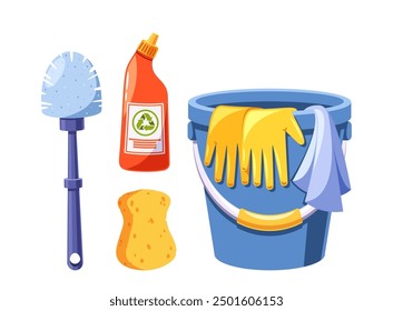 Collection Of Eco-friendly Cleaning Products Including A Brush, Detergent, Gloves, Sponge, And A Bucket, Vector Set