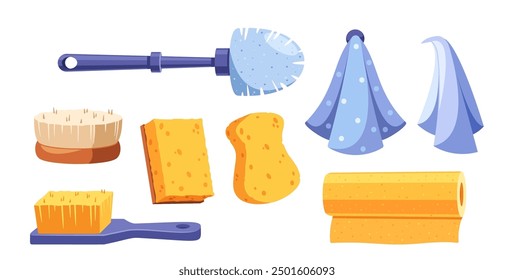 Collection Of Eco-friendly Cleaning Products Sponges, Brushes, And Cloths. Cartoon Household Tools