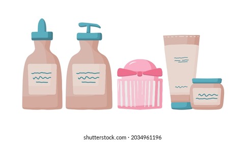 Collection of eco-friendly cosmetics, body and face care, set of jars with cosmetics. Organic cosmetic packaging set bottles, glass jars, tubes. Women things, the concept of accessories for eco-girls.