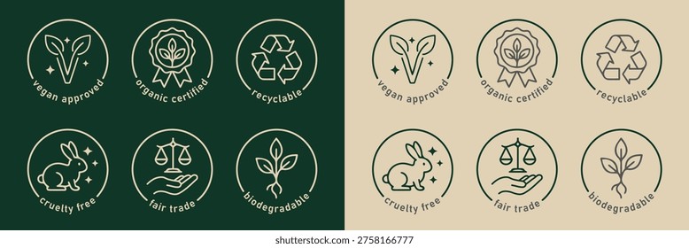 Collection of Eco-Friendly and Ethical Certifications: Dual Color Icon Set Including Vegan, Organic, Recyclable, Cruelty-Free, Fair Trade, and Biodegradable Symbols in Linear Style on Dark and Light