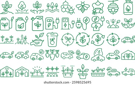 A collection of eco-friendly icons representing sustainability, green energy, recycling, and environmental protection. Perfect for infographics, branding, and design projects.