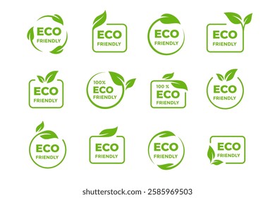A collection of eco-friendly logos featuring green leaves and the text ECO FRIENDLY in various designs and layouts.